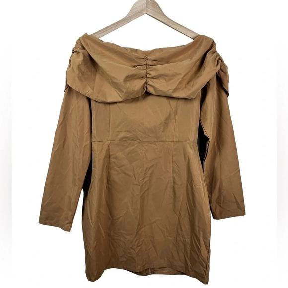 PLT • Camel Bardot Zip Front Shirt Bodycon Dress - Picture 7 of 12